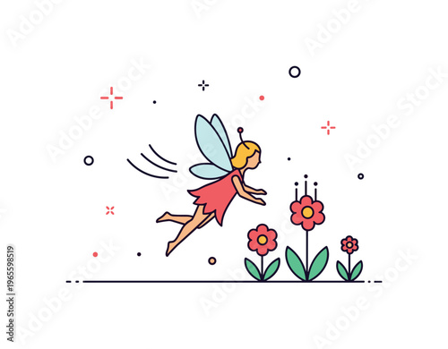 Mini garden fairy a small fairy gliding gently over flowers with soft wing motion and subtle decorative dots around. The composition conveys peaceful flight