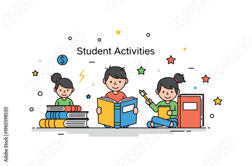 Student activities scene featuring children playing or learning with books and simple icons expressing energy, creativity, and development. Minimalist flat