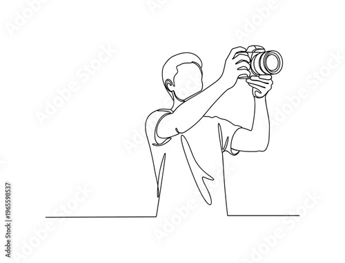 Daily Vlog Scene. Minimalistic one-line drawing person holding camera at arm?s length with simple lens outline, continuous single black line on white
