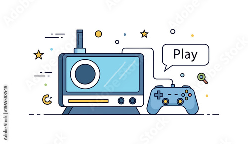 Console gaming badge with a device, controller, and subtle ?Play? label conveying entertainment, technology, and fun. Minimalist flat vector illustration,