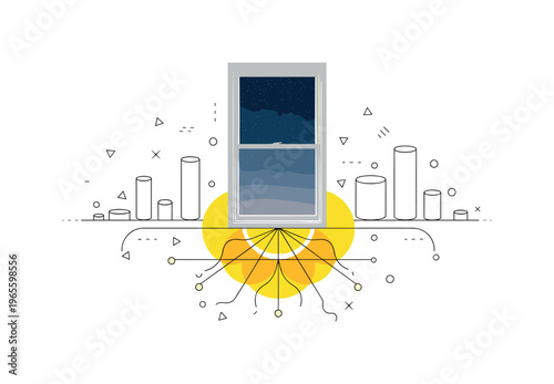 front view of window with stars visible through it, yellow semicircles and thin black lines suggesting light and motion, abstract cylinders and symbols around,