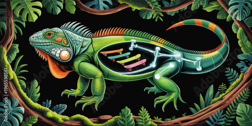 Colorful iguana with x ray skateboard anatomy, vibrant jungle foliage and tropical leaves on black background illustration