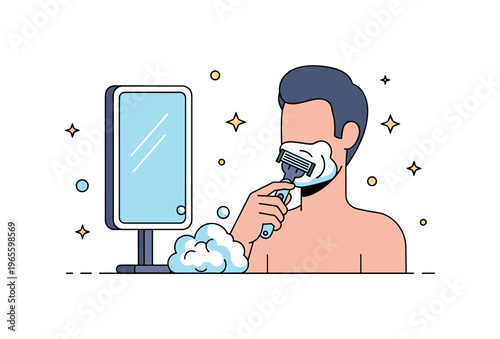 Shaving routine scene with a person using a razor near a mirror and soft foam details conveying grooming, care, and daily self maintenance. Minimalist flat