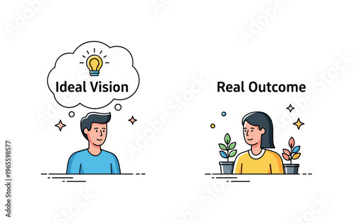Ideal vision and real outcome illustration featuring a person imagining a perfect scenario while facing a simple reality expressing awareness, growth, and