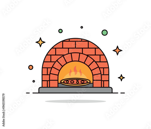 Pizza oven scene a tiny brick oven with a small pizza inside and soft warm glow suggesting heat and freshness. A cozy and inviting moment capturing handmade