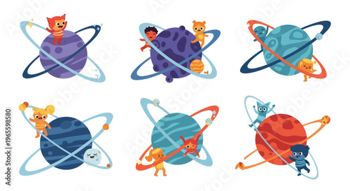 Cartoon Space Kids and Aliens Orbiting Planets Vector Art