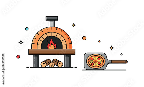 Wood fired oven charm a small pizza oven with a visible flame and a pizza placed on a paddle nearby. A warm and rustic scene highlighting handcrafted food