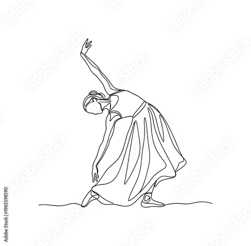 Dance Flow. Minimalistic one-line drawing a dancer bending with fluid continuous contours, continuous single black line on white background, simple outline