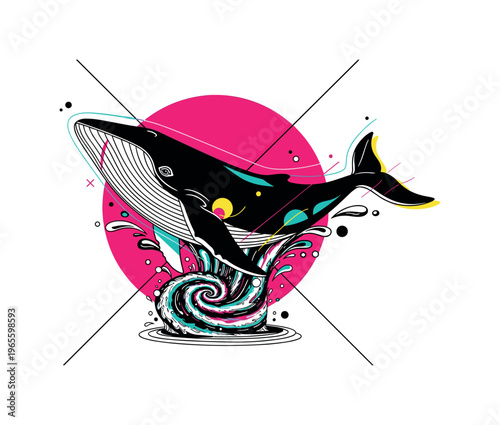 whale emerging from a spiral galaxy like water, large pink circle and diagonal grid lines in background, symbolic conceptual composition, high contrast black