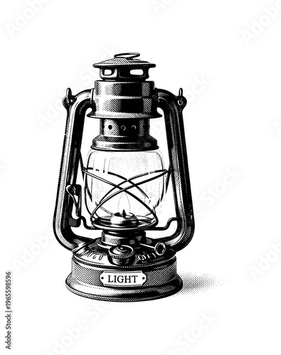 A classic lantern with a small glowing flame inside and ?light? subtly engraved on its base, black and white halftone illustration, strong dot pattern shading,