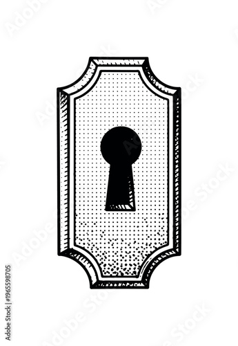 A traditional escutcheon plate with clean engraved borders and a narrow keyhole in classic ink style, enlarged with generous negative space, black and white