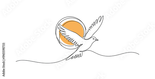 Nature Energy. Minimalistic one-line drawing a bird soaring through a sun with flowing contours, continuous single black line on white background, simple
