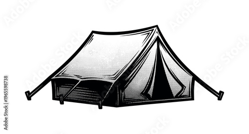 A stylized tent silhouette with bold engraved edges and halftone dot shading, black and white editorial illustration, vintage newspaper aesthetic, high