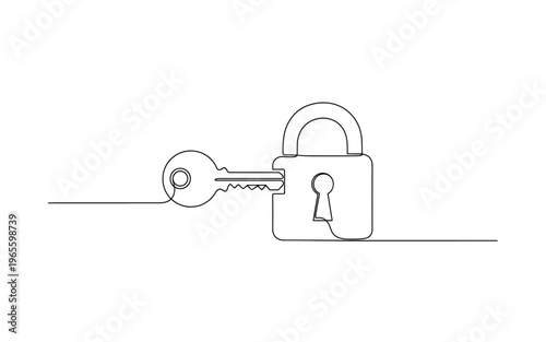 Secure Account Access. Minimalistic one-line drawing key unlocking minimal padlock silhouette in balanced layout, continuous single black line on white
