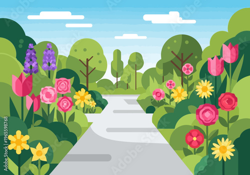 Vibrant Spring Flowers Blooming in a Garden Path.