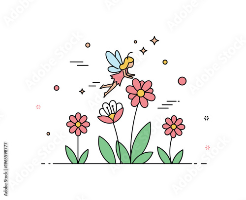 Flower garden fairy a tiny fairy hovering just above blossoms with subtle motion accents and a balanced composition. A charming visual of gentle movement and