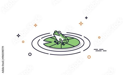 Simple nature frog a tiny frog on a lily pad with subtle ripple rings and soft rounded shapes creating a calm mood. The scene highlights quiet outdoor moments,