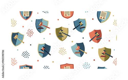 law protection badge seamless pattern, repeating pattern, surface design, textile print, soft color palette, modern illustration, no shadows, flat lighting,