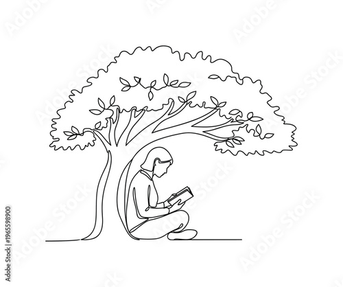 Relaxed Mind. Minimalistic one-line drawing a person seated cross-legged under a tree reading quietly, continuous single black line on white background, simple