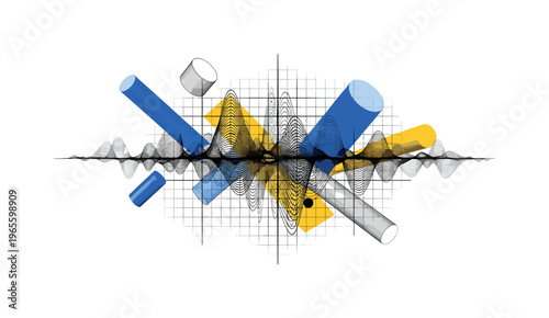 vintage sound waves with structured line system, black and white wave patterns combined with grid lines and floating rectangles, cylinders and