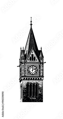 A narrow clock tower silhouette with pointed roof and engraved linework details, black and white halftone illustration, newspaper-style dot texture, editorial
