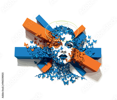 surreal composition of butterflies assembling into a fragmented human face, blue and orange geometric blocks intersecting the composition, circular halo