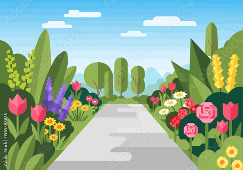 Vibrant Garden Path with Colorful Flowers and Lush Greenery.