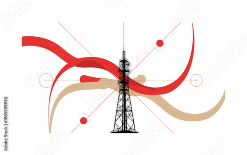 radio tower silhouette with bold arc overlays, black and white tower combined with red and beige curved shapes, thin linear elements and circles organizing