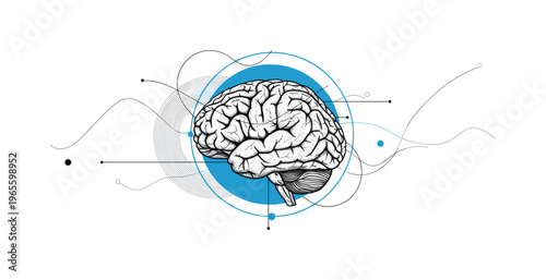 minimal plant-based brain enclosed in a blue circular frame, thin linear elements suggesting life cycles and motion, high contrast black and white subject,