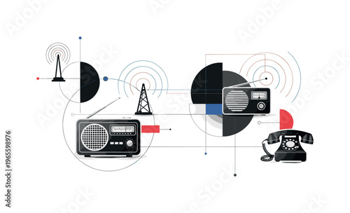 vintage communication design collage with radio, telephone, and antenna, black and white realistic devices cut-out with white outline, concentric signal waves