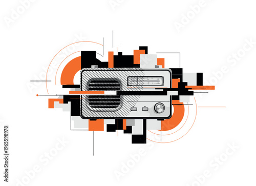 retro broadcast control system with abstract geometry, monochrome knobs and panels combined with bold orange and black blocks, semicircles and diagonal lines