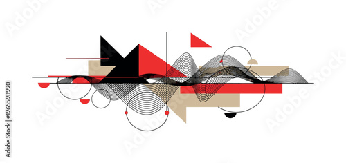 old signal transmission with bold geometric layering, black and white wave lines interacting with red and beige shapes, thin linear elements and semicircles