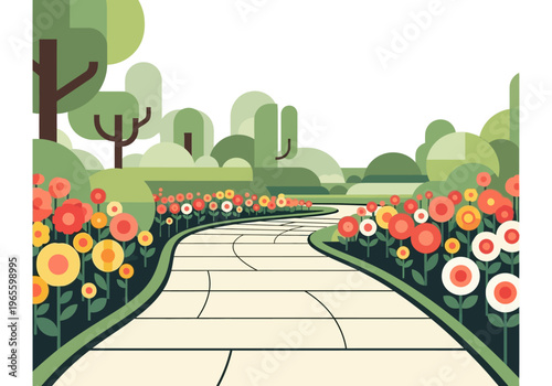 Winding Garden Path with Vibrant Flowers and Lush Greenery.