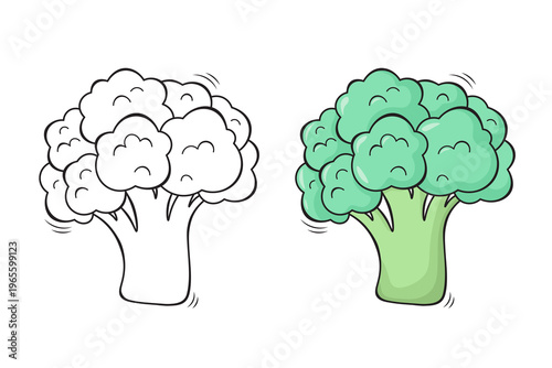 Broccoli outline and colored version side by side, hand drawn vegetable vector illustration for coloring book pages