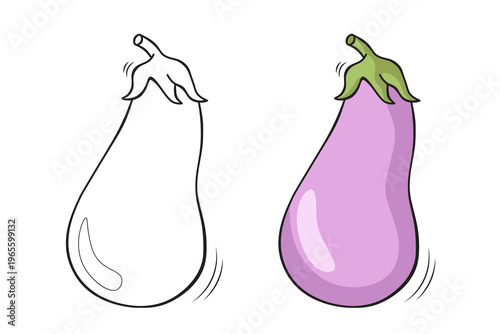 Eggplant outline and colored version side by side, hand drawn vegetable vector illustration for coloring book pages
