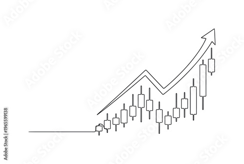Market Growth Idea. Minimalistic one-line drawing candlestick chart pattern with upward arrow accent, continuous single black line on white background, simple