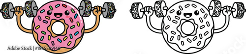 Strong Cartoon Donut Lifting Dumbbells Cute and Humorous Fitness Food Illustration