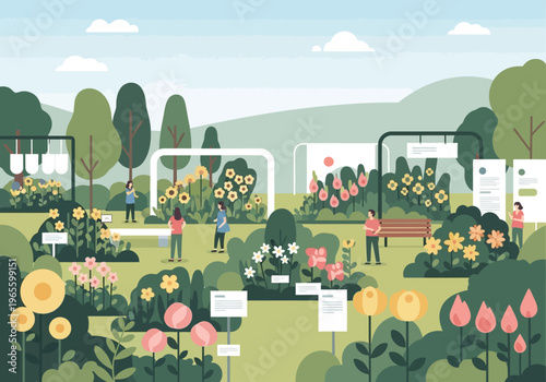 People enjoying a beautiful outdoor flower exhibition in a park.