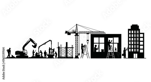 Black and white silhouette of construction site with cranes and workers