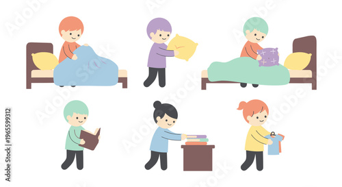 Children doing chores, making bed, reading, folding laundry, stock illustration