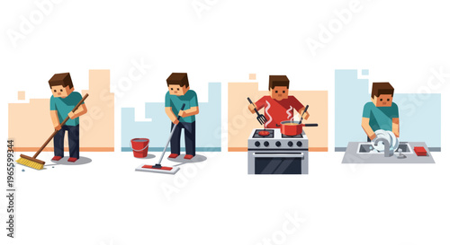 Flat style illustration of a man cleaning, cooking, and washing dishes