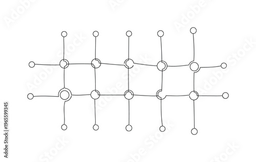 Data Training Illustration. Minimalistic one-line drawing neural network nodes linked by smooth connecting lines in grid pattern, continuous single black line