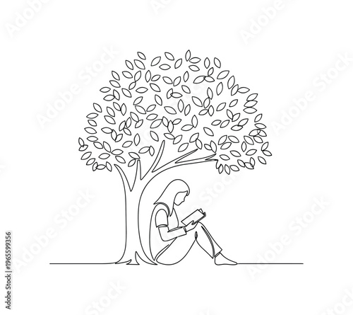 Simple Joy. Minimalistic one-line drawing a person quietly reading under a tree with balanced composition, continuous single black line on white background,