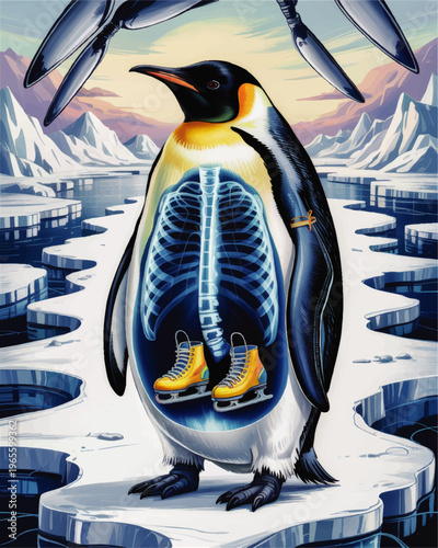 Surreal emperor penguin with x ray ribs and yellow ice skates in icy Antarctic landscape, whimsical winter animal illustration
