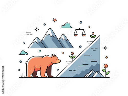 Wild mountain life concept with a bear near a slope and small plant elements conveying resilience, wilderness, and balance. Minimalist flat vector