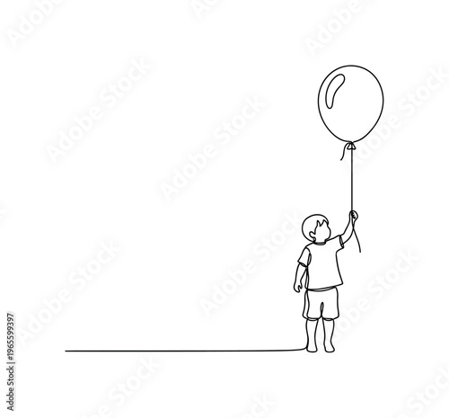 Floating Dream. Minimalistic one-line drawing a child holding a balloon drifting upward, continuous single black line on white background, simple outline