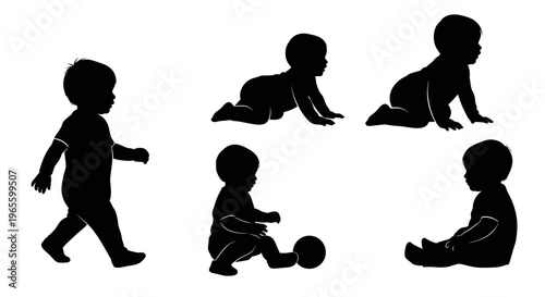 Black Silhouette Set of Baby Milestones: Crawling, Sitting, Walking
