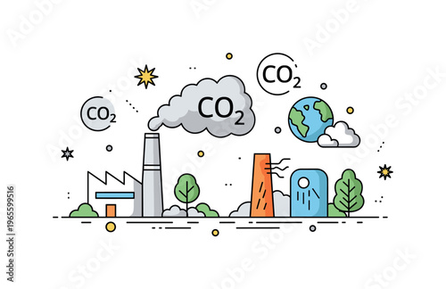 Carbon emissions and ecosystem impact scene with factory icons, CO2 symbols, and affected natural elements expressing cause and effect of climate change.