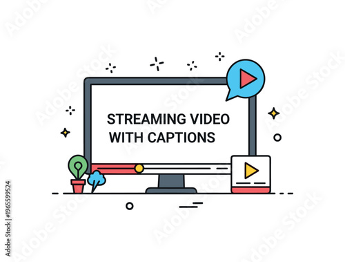 Streaming video with captions scene showing a screen, subtitle text, and subtle play indicators expressing entertainment, clarity, and accessibility.