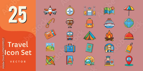 Colorful Travel Icon Set 25 Flat Design Vacation Tourism Vector Collection